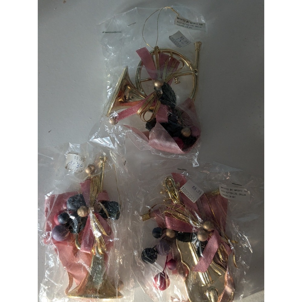 Vintage Musical Instrument Christmas Ornaments Set of 3 Gold Tone Plastic NOS